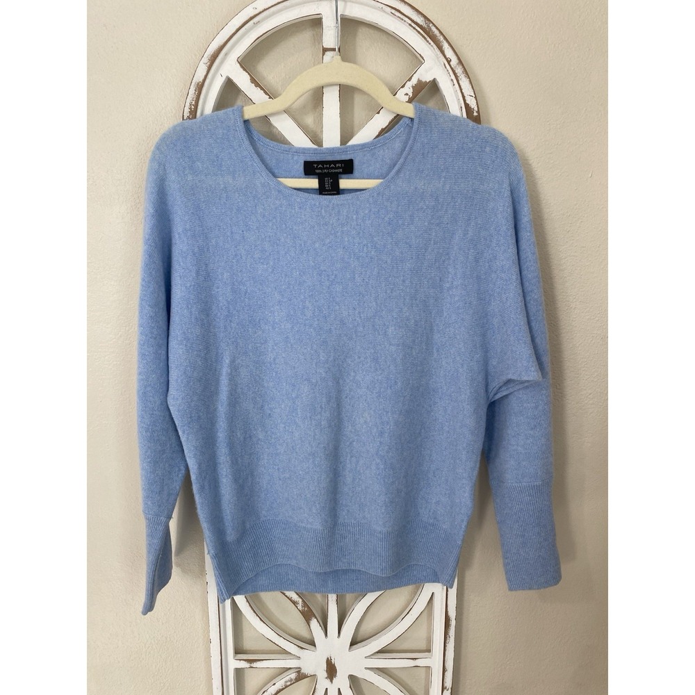 Tahari 100% 2-Ply Cashmere Quiet Luxury Old Money Pullover Sweater Blue SMALL
